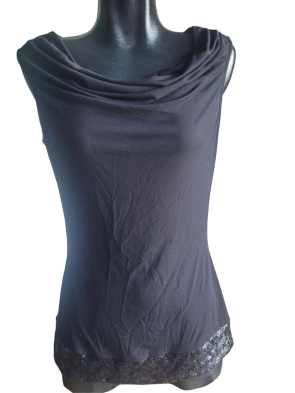 Donna Black Sleeveless Draped Cowl Neckline and Sequin Hemline Top Size M